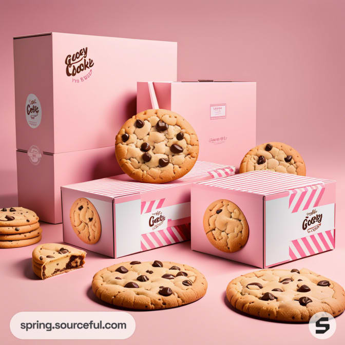 Large cookie and pink boxes with striped sides on a pink background.