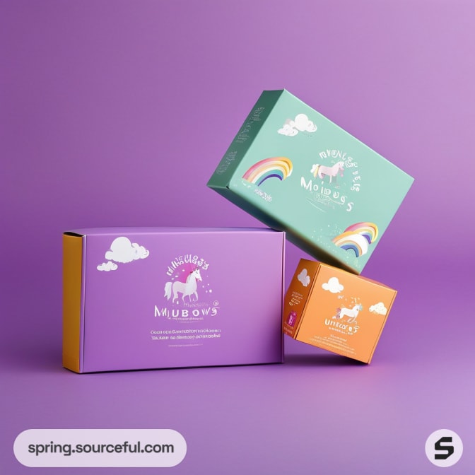 Purple and teal boxes with unicorn and rainbow designs on a purple background.