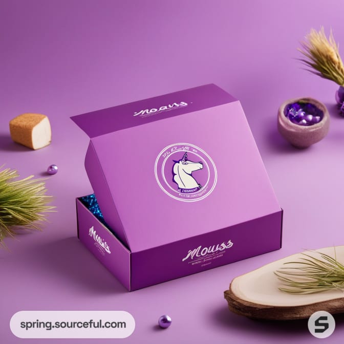 Purple open box with unicorn design and lavender elements on a purple background.