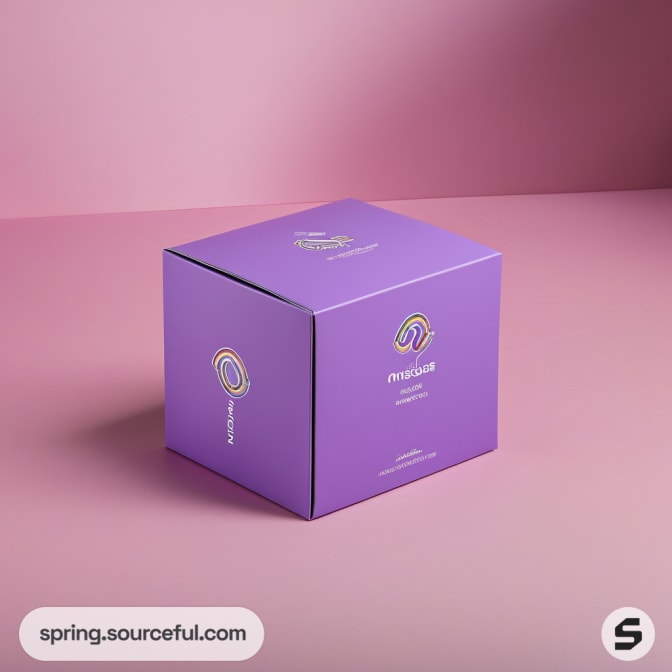 Purple cube box with rainbow design on a pink background.
