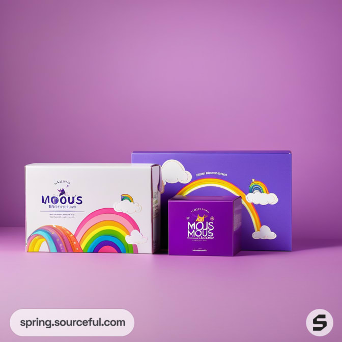 Purple and white boxes with rainbow designs on a purple background.