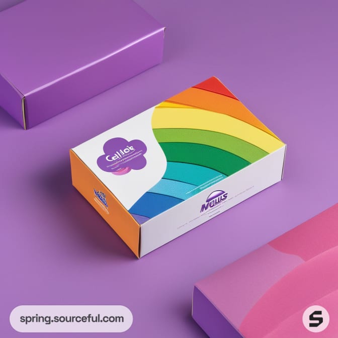 White and purple boxes with rainbow and unicorn designs on a purple background.