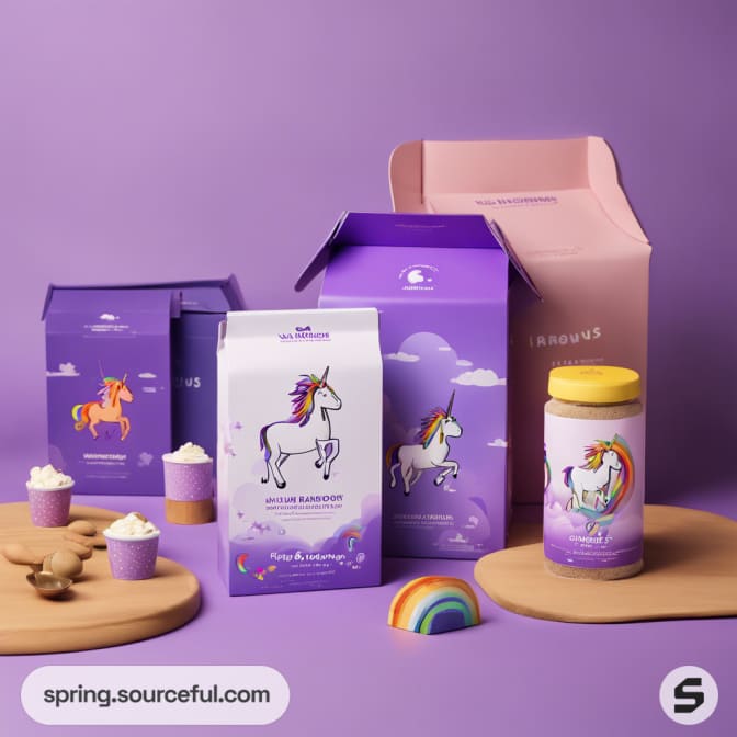 Multiple purple packages with unicorn designs and baked goods on a purple backdrop.