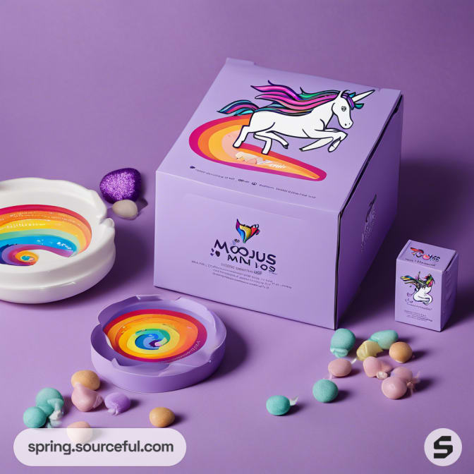 Purple box with unicorn design and rainbow dishes on a purple background.