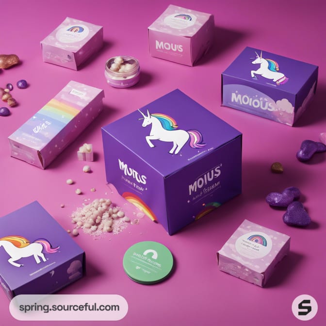 Purple boxes with unicorn designs and assorted confectionery on a pinkish purple background.