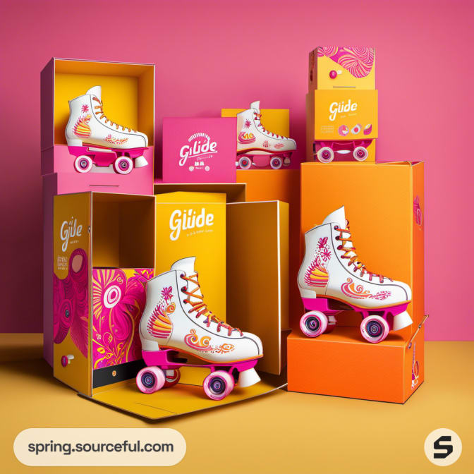 Decorative roller skate boxes with colorful designs, showcasing skates in pink, orange, and yellow tones.