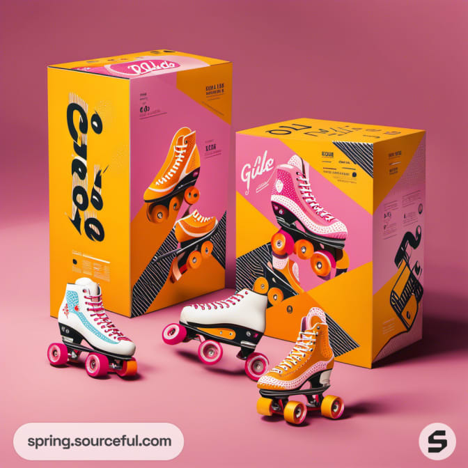 Three roller skate boxes and skates displayed on a pink background, featuring vibrant designs and colors.