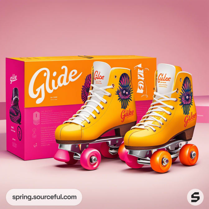 Yellow roller skates with pink wheels, next to a colorful box on a pink gradient background.