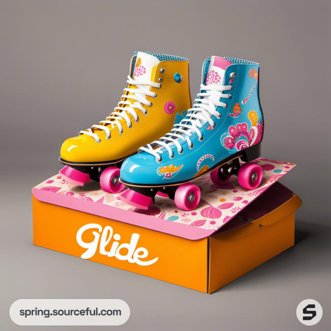 Brightly colored roller skates with floral patterns in an open orange box on a gray background.