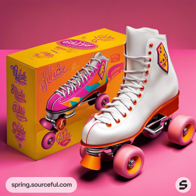 White roller skate with pink and orange accents beside a matching colorful box.