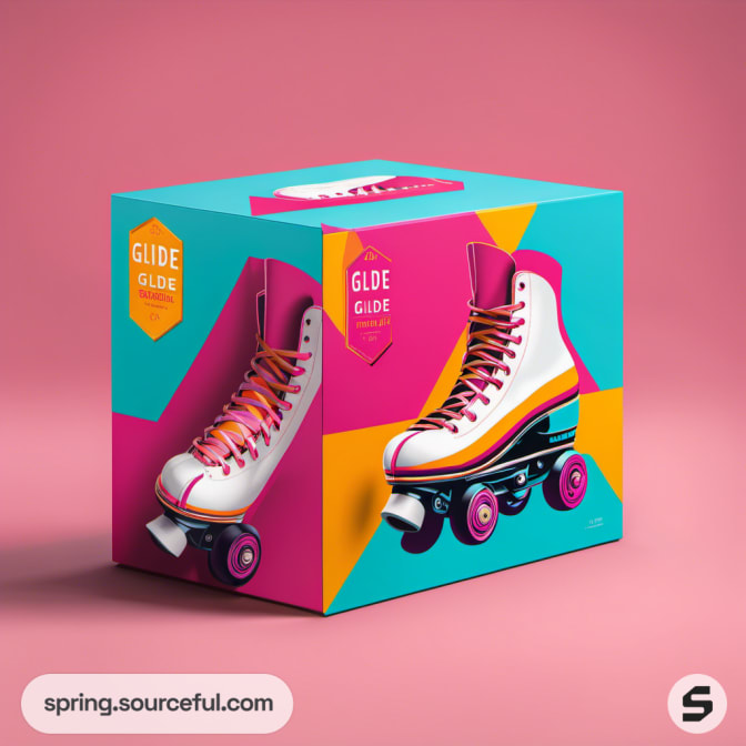 Single roller skate and a colorful box with geometric design on a pink background.