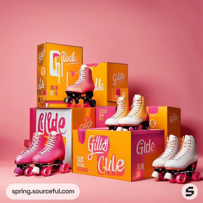 Mixed colored roller skates and boxes stacked against a pink backdrop.