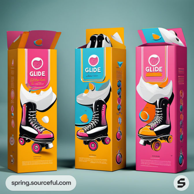 Tall colorful boxes of roller skates with fun designs and color schemes.