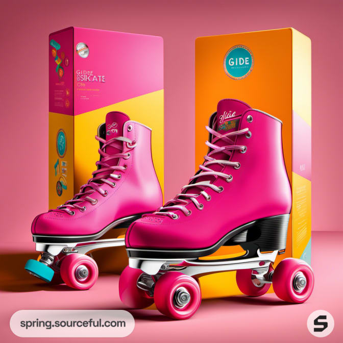 Pink roller skates and vibrant packaging on a pink and orange background.