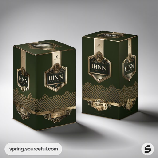 Elegant green and gold box packaging with geometric design.