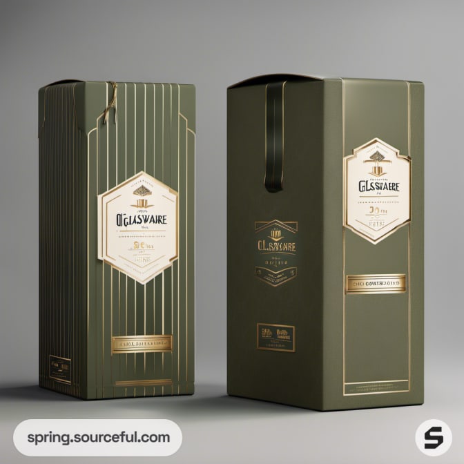 Tall green box with vertical gold lines and handle.