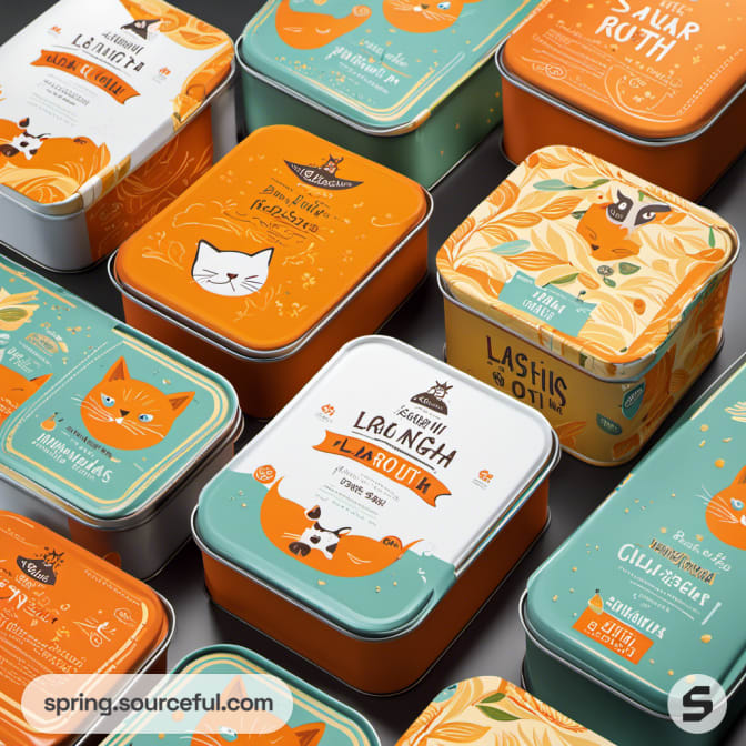 Orange and teal tin boxes with cat illustrations and food labels.