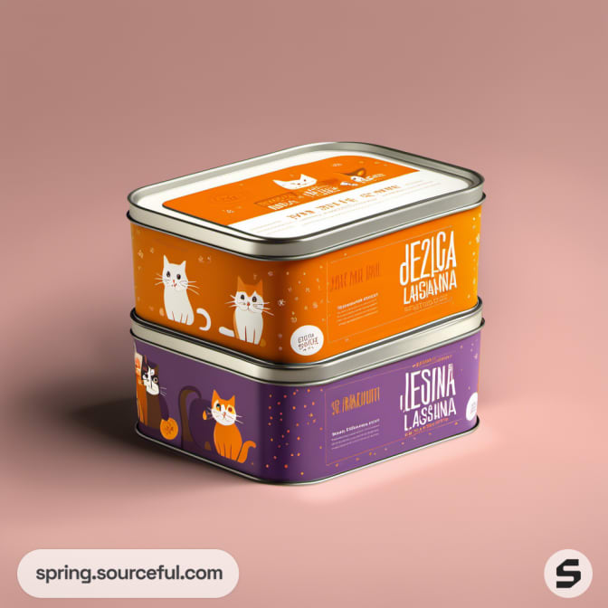 Stacked rectangular tins with orange and purple cat-themed design.
