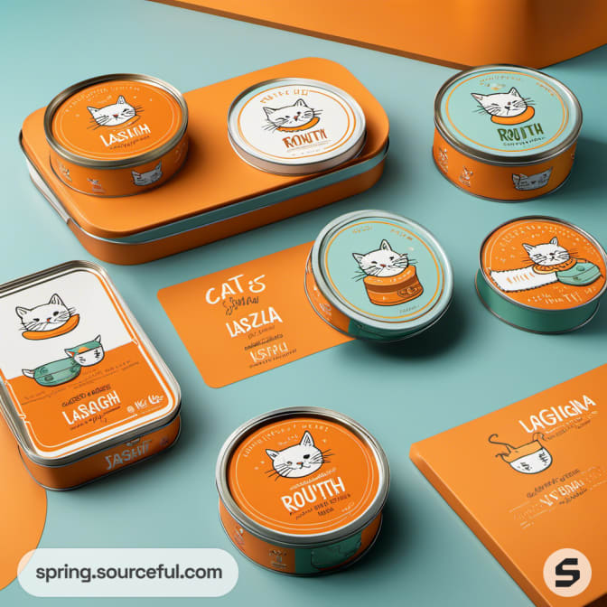 Round and rectangular tins with cat illustrations and food labels.