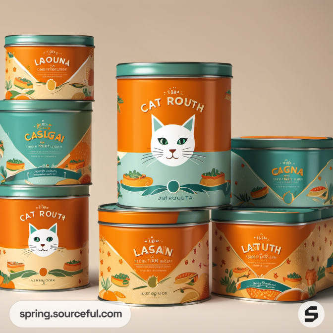 Stacked cylindrical tin cans with cat designs and colorful labels.