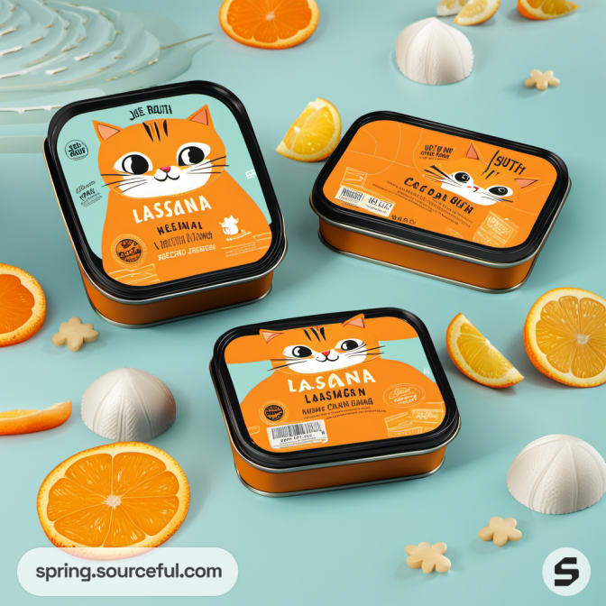 Black and orange rectangular tins with cat faces and food illustrations.