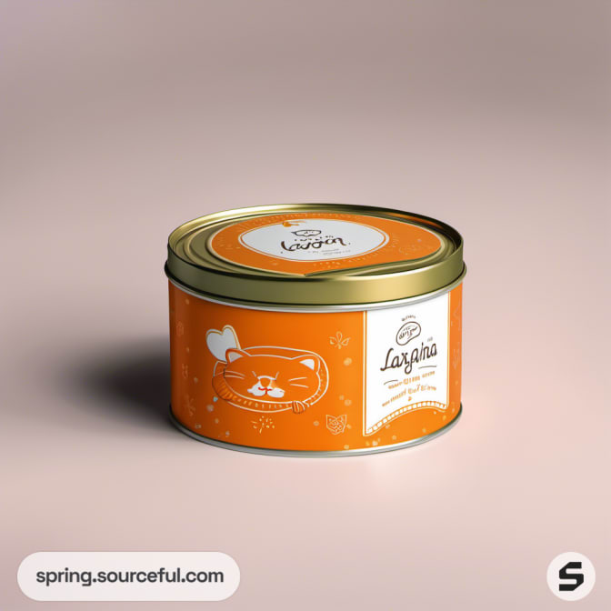 Round orange and white tin with smiling cat design.
