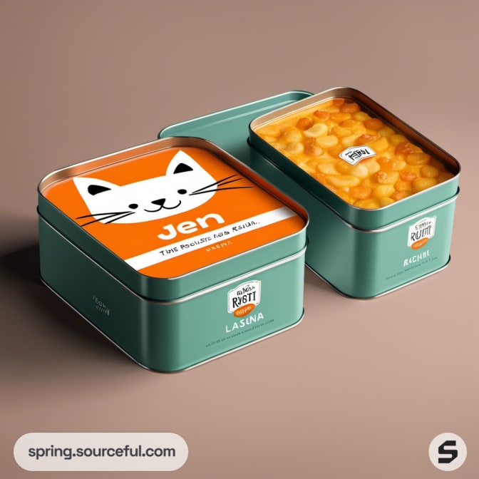 Square tin with orange lid featuring a cat illustration and pasta inside.