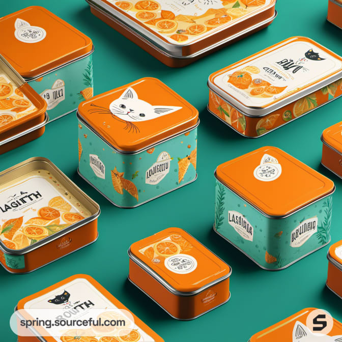 Various orange and teal tins with cat illustrations and fruit designs.