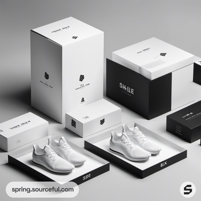 White and black shoeboxes with matching white sneakers arranged stylishly.