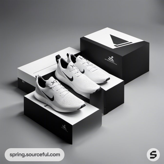 White athletic shoes with black accents displayed on top of black and white shoe boxes.