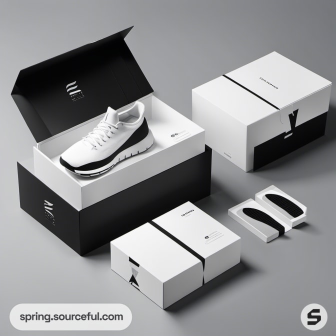 Minimalist shoe packaging with white and black boxes displaying a sleek sneaker design.