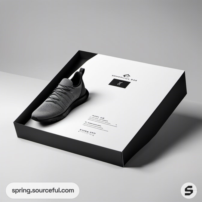 Black and white shoe box with a grey sneaker displayed diagonally inside.