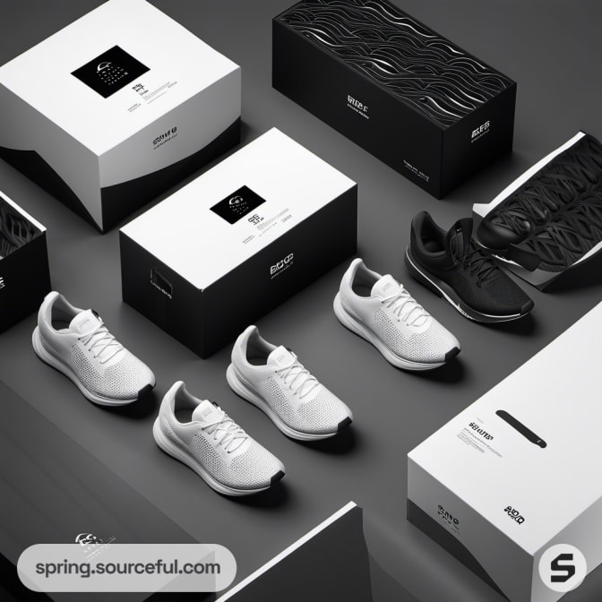 White and black athletic shoes displayed with matching modern shoe boxes on a gray background.