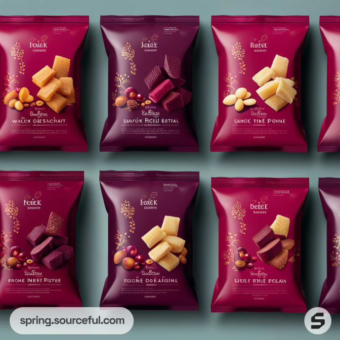 Assorted red and purple snack bags with crackers on teal background.