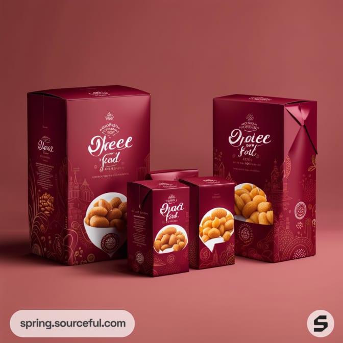 Assorted red carton boxes with illustrations and white text on a pink background.