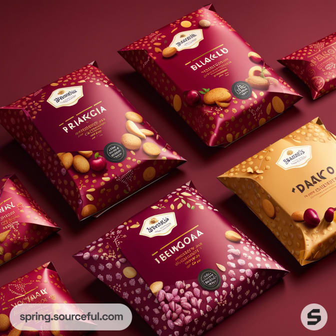 Assorted snack bags with vibrant red and yellow designs and nut illustrations on a red surface.