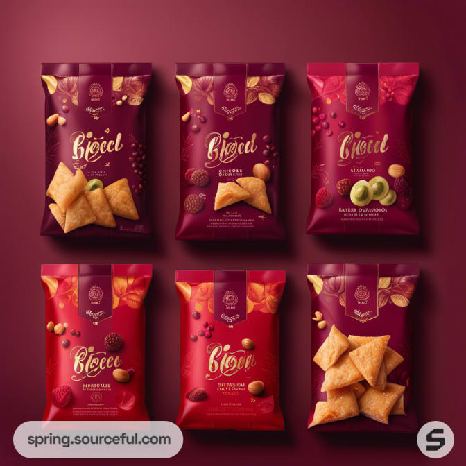 Assorted snack bags with geometric patterns on a red and purple gradient background.