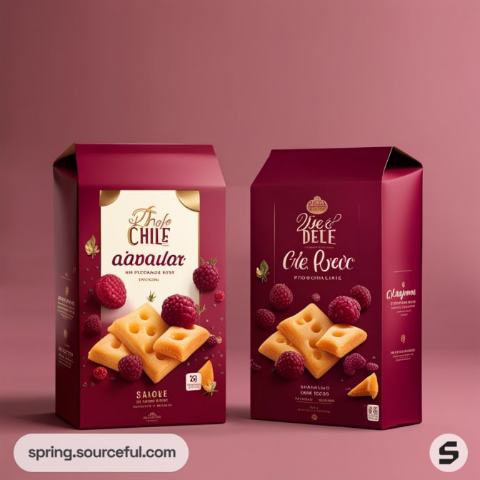 Two raspberry-themed packaging boxes for crackers with elegant design elements on a burgundy gradient background.