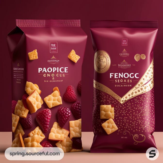 Two bags of assorted cracker snacks against a burgundy background.