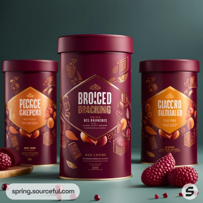 Three cylindrical containers with intricate designs, showcasing different raspberry-infused snacks on a green backdrop.