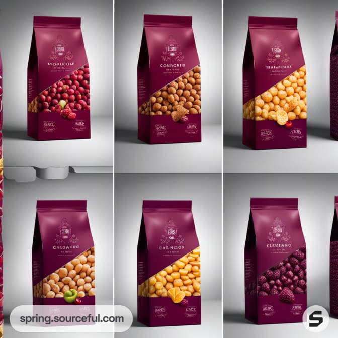 Maroon resealable pouches with vibrant fruit illustrations.