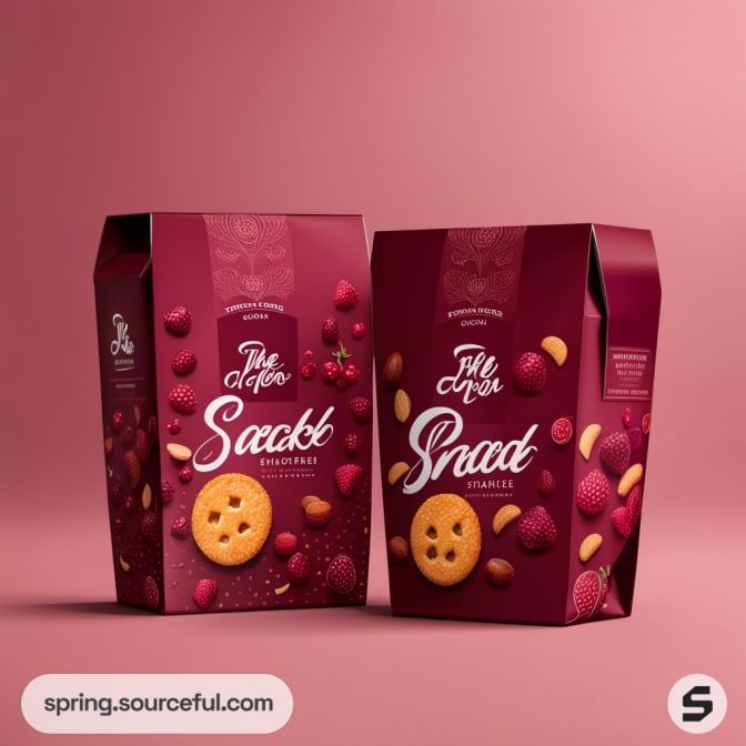 Two red snack boxes with berry graphics and cookies on a pink background.