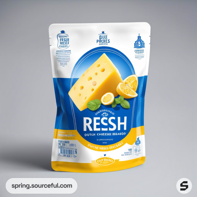 Pouch with cheese graphic, white and blue design, resealable packaging.