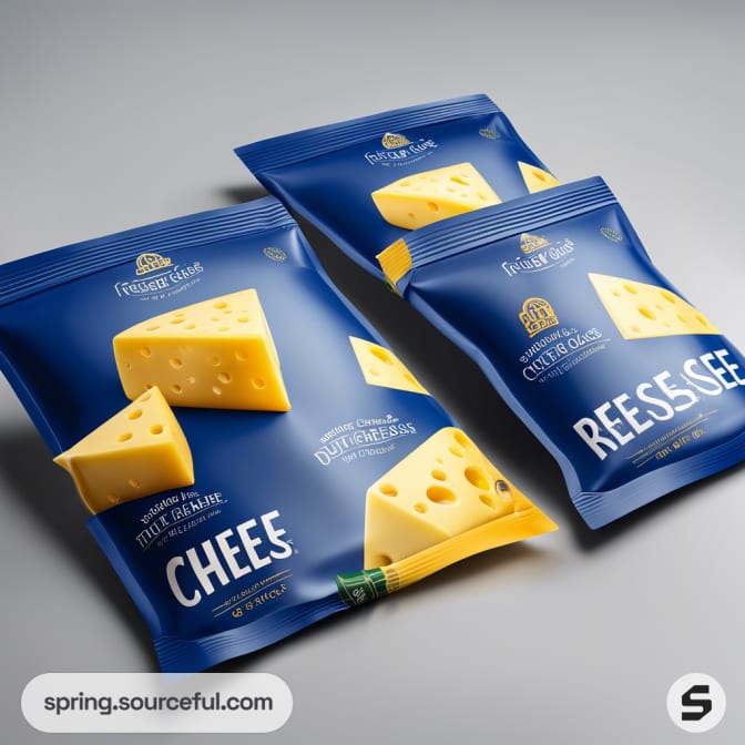 Three resealable bags with cheese designs, blue packaging.