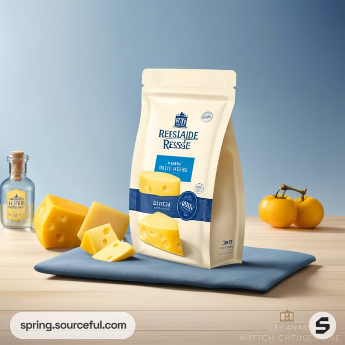 Stand-up pouch with cheese graphic, white and blue design, table setting.