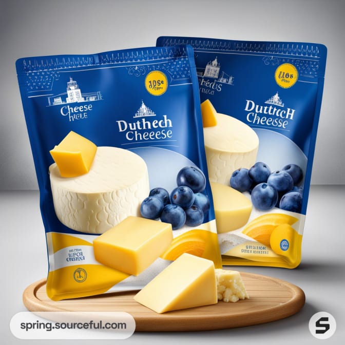 Two resealable bags with cheese, blueberries image, blue and yellow design.