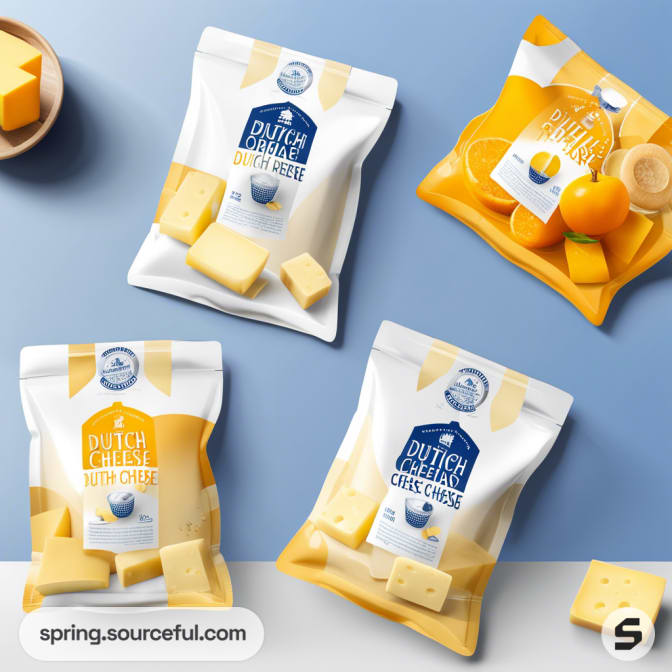 Four white resealable pouches with cheese graphics, arranged on white surface.