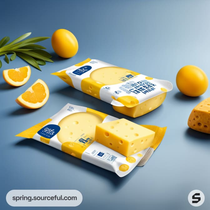 Clear tray with cheese slices, decorated with oranges and leaves, yellow accents.