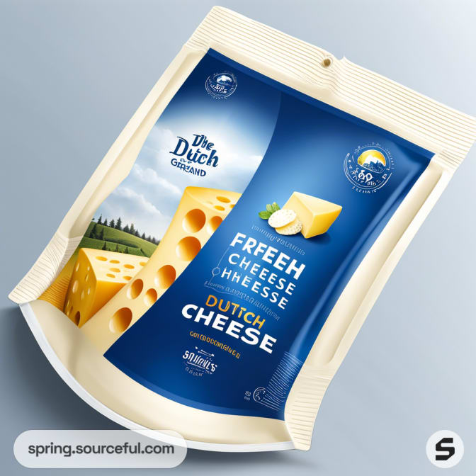 Pouch with cheese block image, blue and cream design, vacuum packaging.