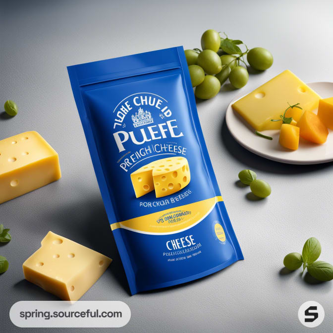 Blue stand-up pouch with cheese slices, grapes decoration, elegant packaging.